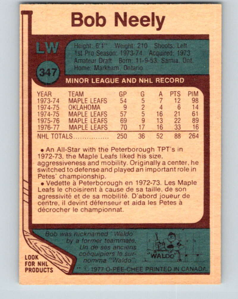 1977-78 O-Pee-Chee #347 Bob Neely Toronto Maple Leafs V15450