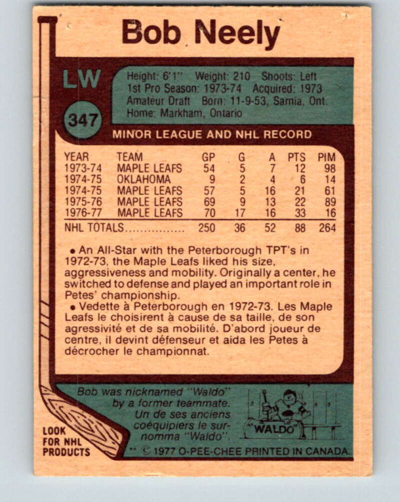 1977-78 O-Pee-Chee #347 Bob Neely Toronto Maple Leafs V15453