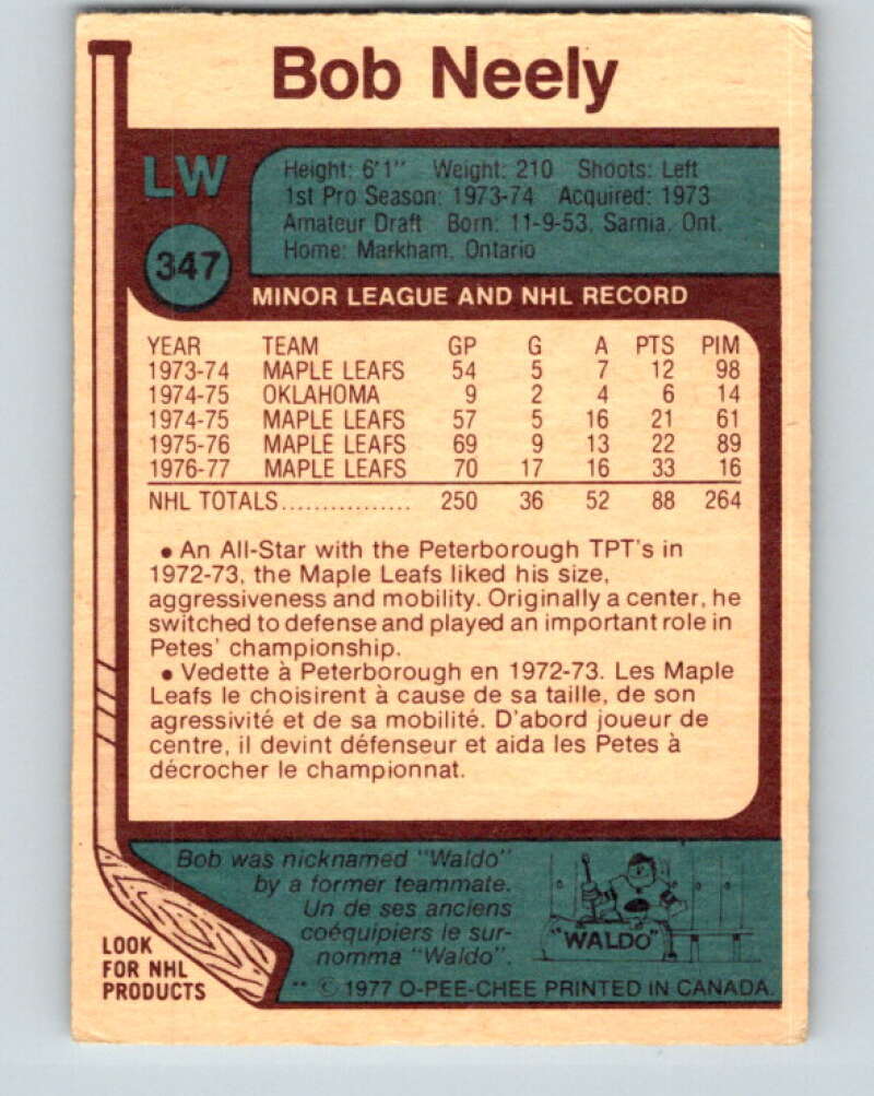 1977-78 O-Pee-Chee #347 Bob Neely Toronto Maple Leafs V15456