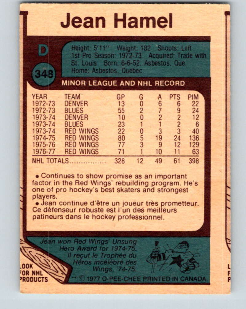 1977-78 O-Pee-Chee #348 Jean Hamel Detroit Red Wings V15459