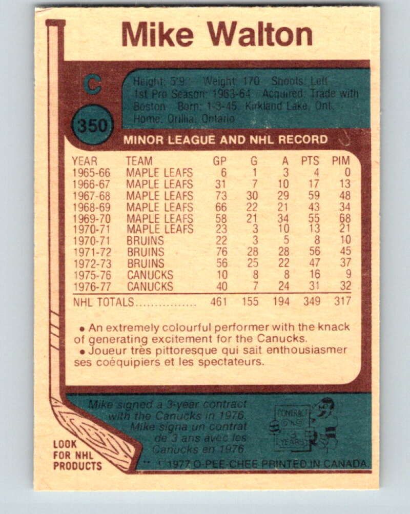 1977-78 O-Pee-Chee #350 Mike Walton Vancouver Canucks V15477