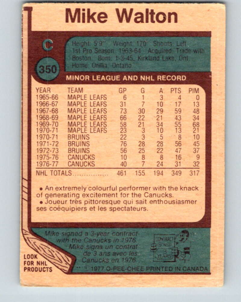 1977-78 O-Pee-Chee #350 Mike Walton Vancouver Canucks V15482