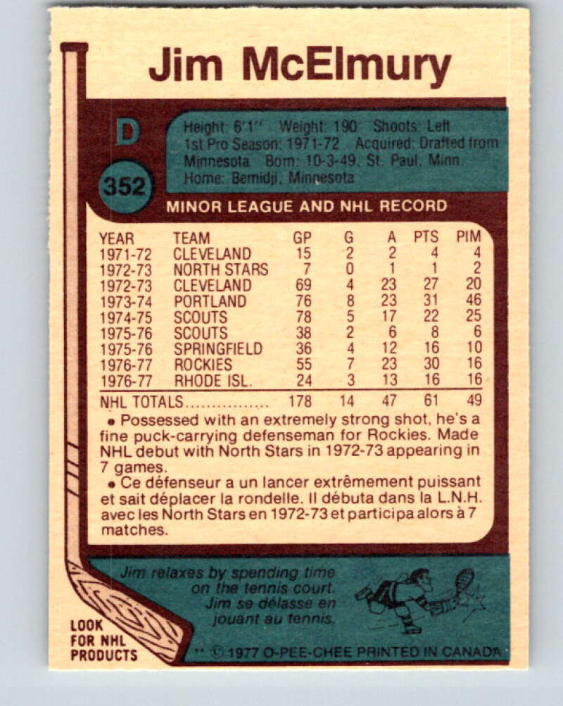 1977-78 O-Pee-Chee #352 Jim McElmury Colorado Rockies V15487