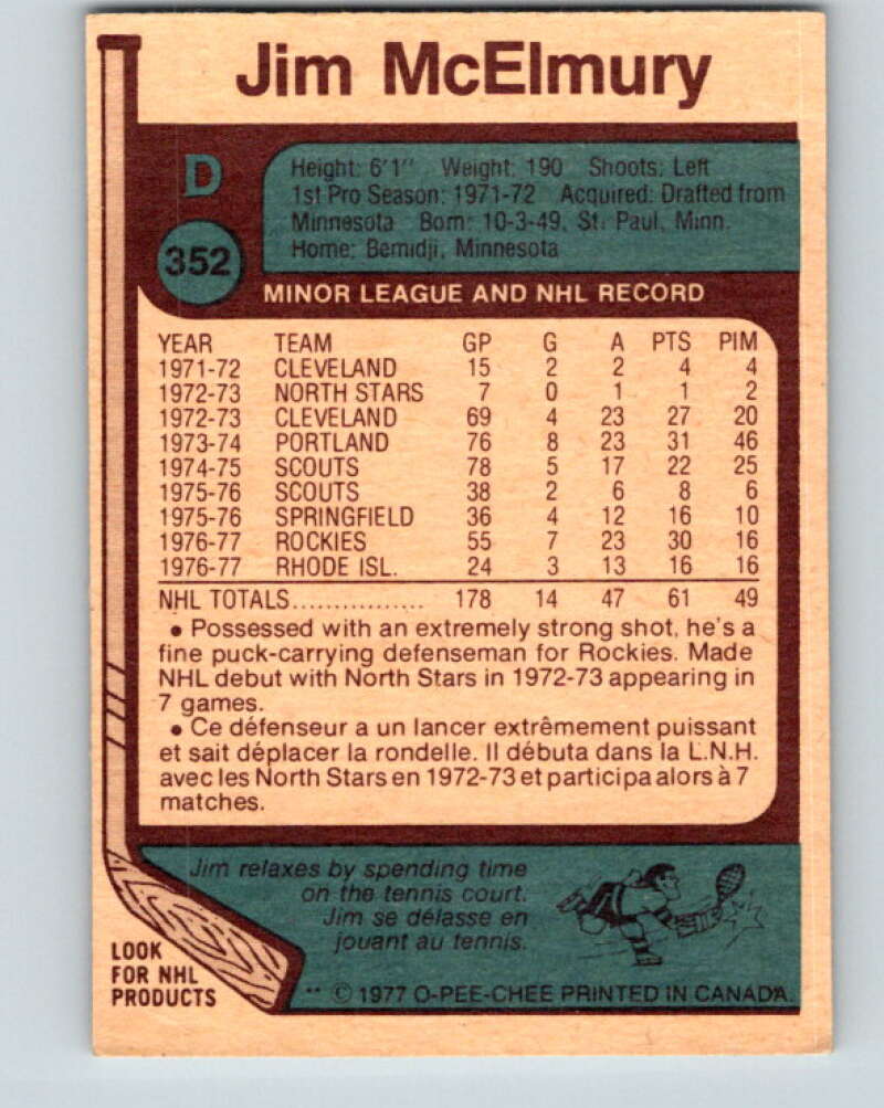1977-78 O-Pee-Chee #352 Jim McElmury Colorado Rockies V15489