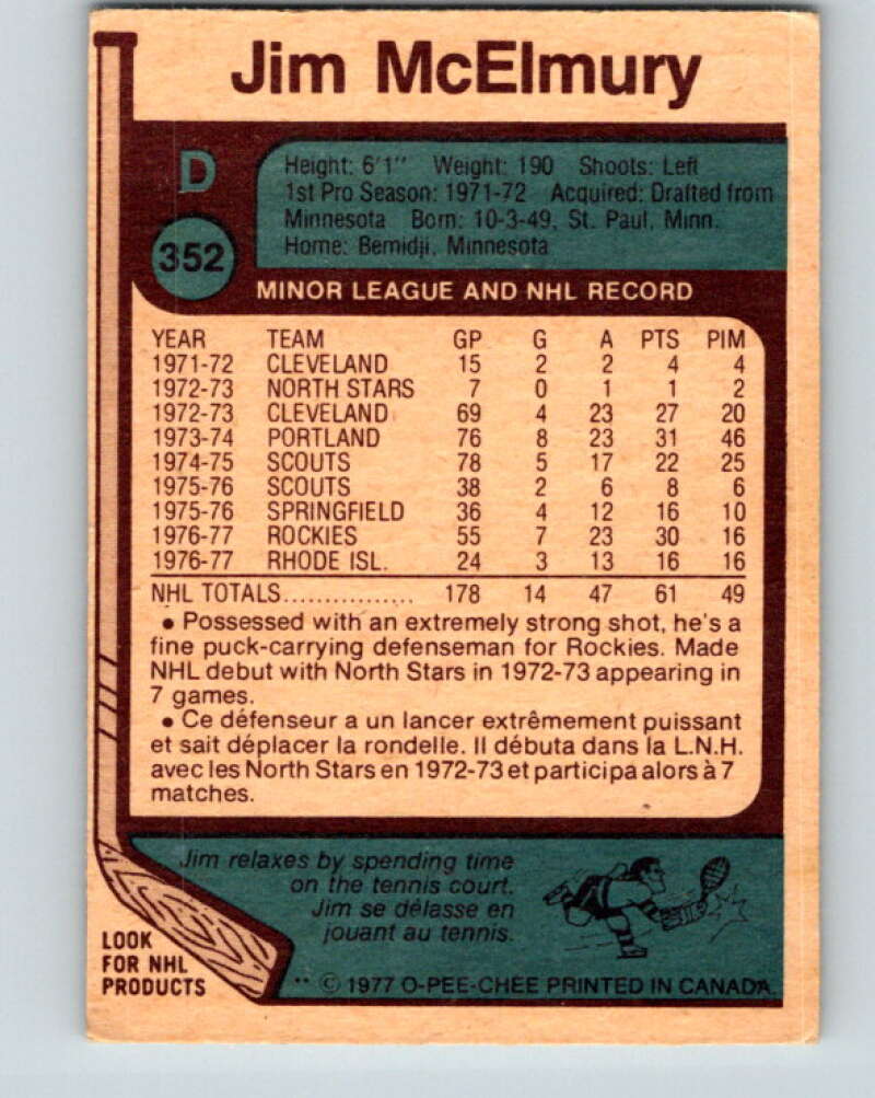 1977-78 O-Pee-Chee #352 Jim McElmury Colorado Rockies V15492
