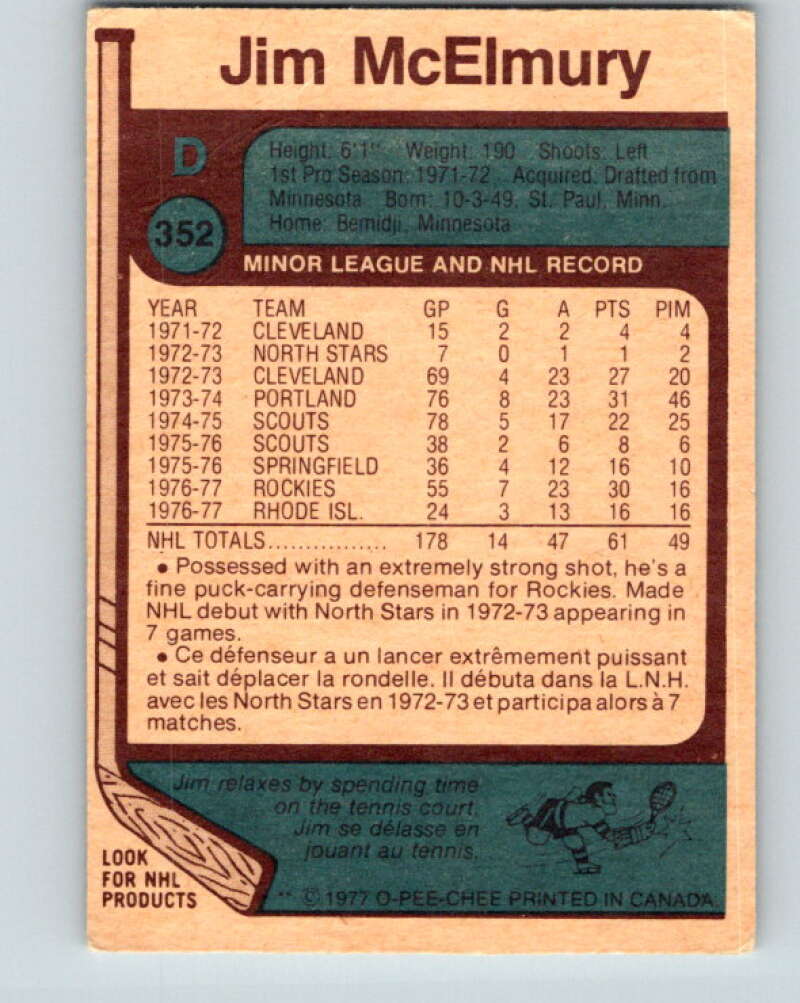 1977-78 O-Pee-Chee #352 Jim McElmury Colorado Rockies V15495