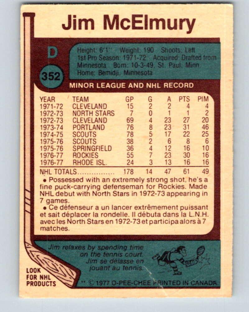 1977-78 O-Pee-Chee #352 Jim McElmury Colorado Rockies V15496