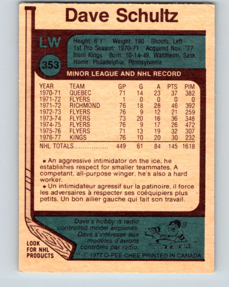 1977-78 O-Pee-Chee #353 Dave Schultz Pittsburgh Penguins V15498