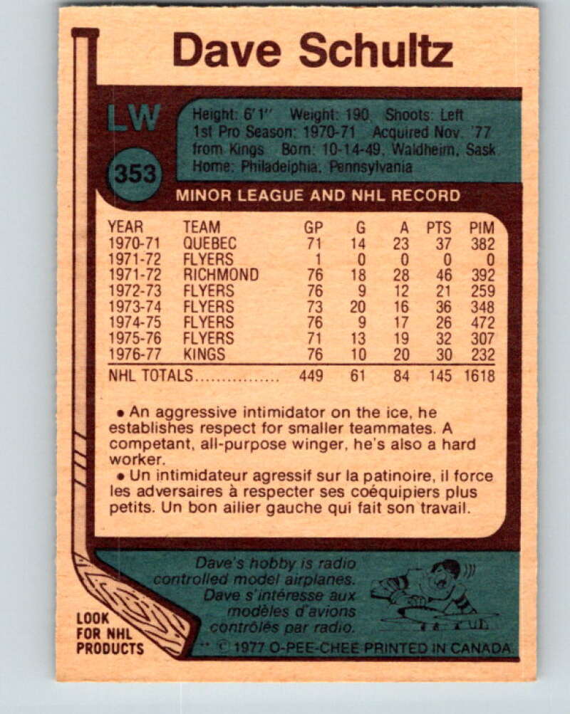 1977-78 O-Pee-Chee #353 Dave Schultz Pittsburgh Penguins V15500