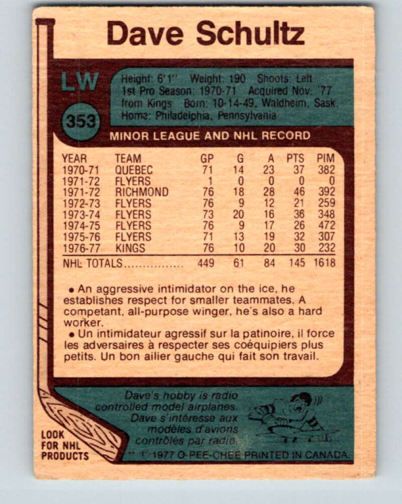 1977-78 O-Pee-Chee #353 Dave Schultz Pittsburgh Penguins V15503