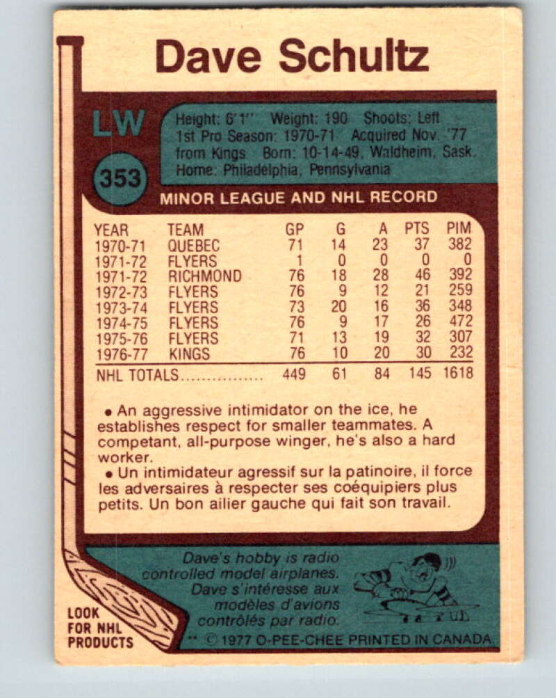 1977-78 O-Pee-Chee #353 Dave Schultz Pittsburgh Penguins V15507