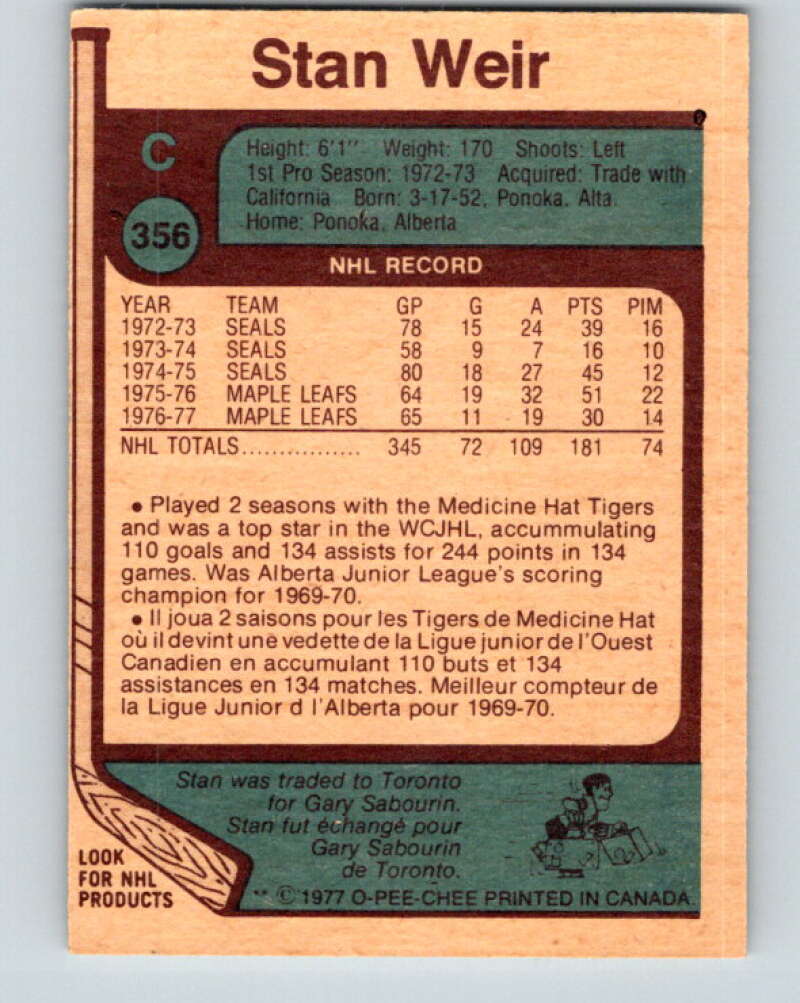 1977-78 O-Pee-Chee #356 Stan Weir Toronto Maple Leafs V15530