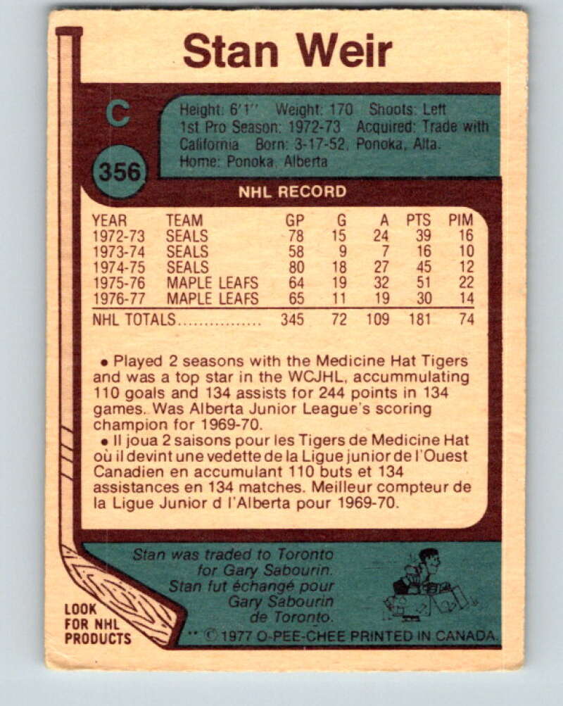 1977-78 O-Pee-Chee #356 Stan Weir Toronto Maple Leafs V15534