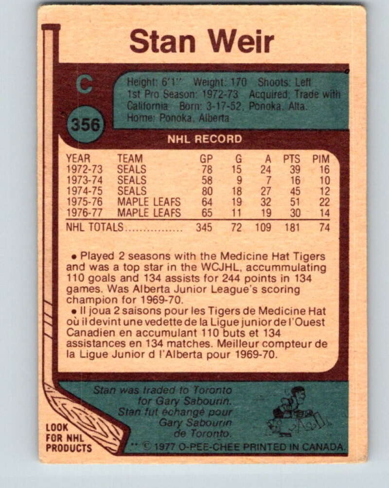 1977-78 O-Pee-Chee #356 Stan Weir Toronto Maple Leafs V15535