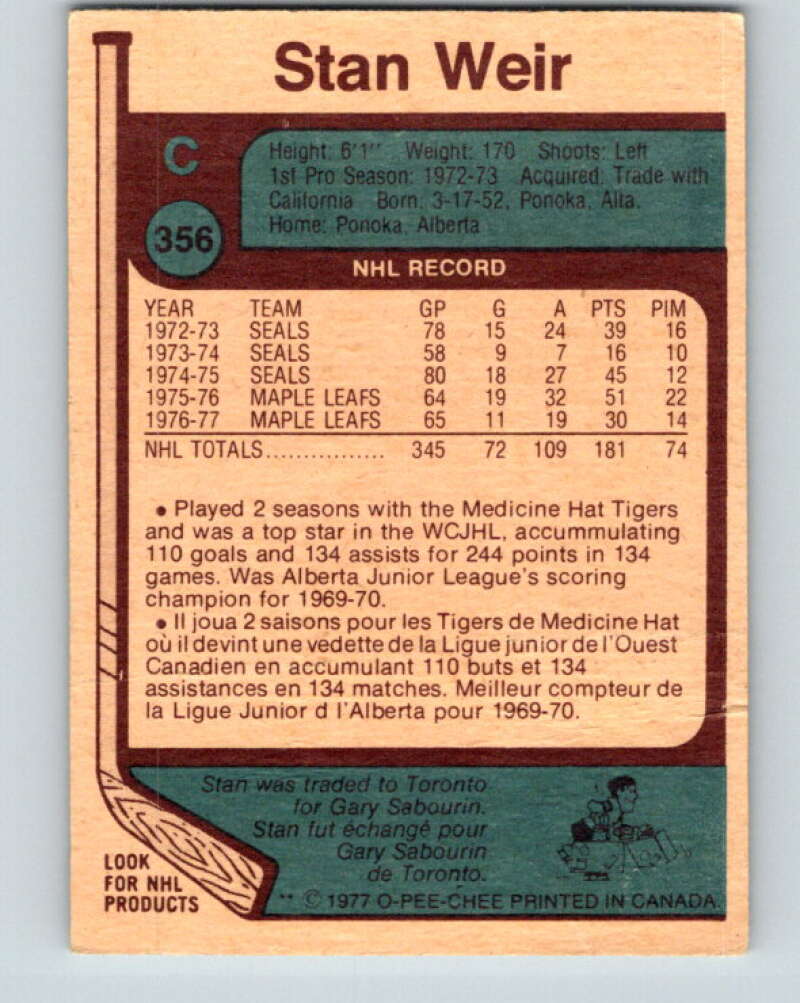 1977-78 O-Pee-Chee #356 Stan Weir Toronto Maple Leafs V15536