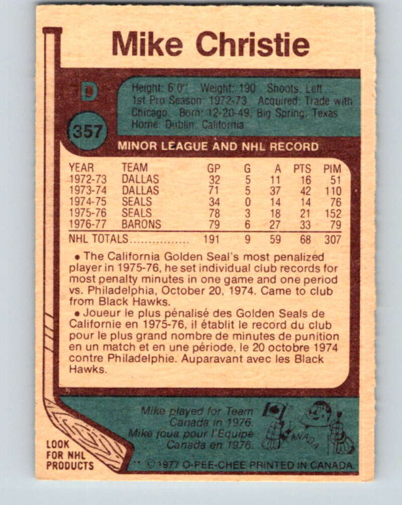 1977-78 O-Pee-Chee #357 Mike Christie Cleveland Barons V15537