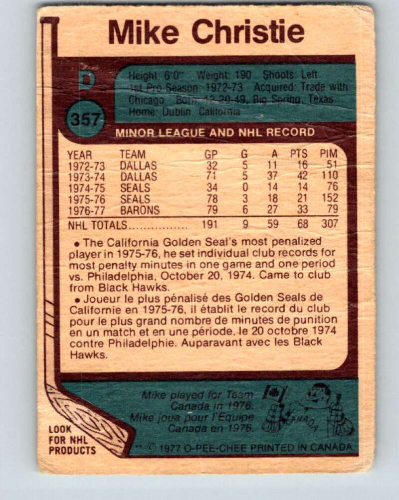 1977-78 O-Pee-Chee #357 Mike Christie Cleveland Barons V15540