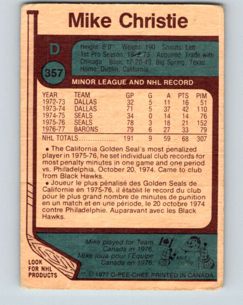 1977-78 O-Pee-Chee #357 Mike Christie Cleveland Barons V15541