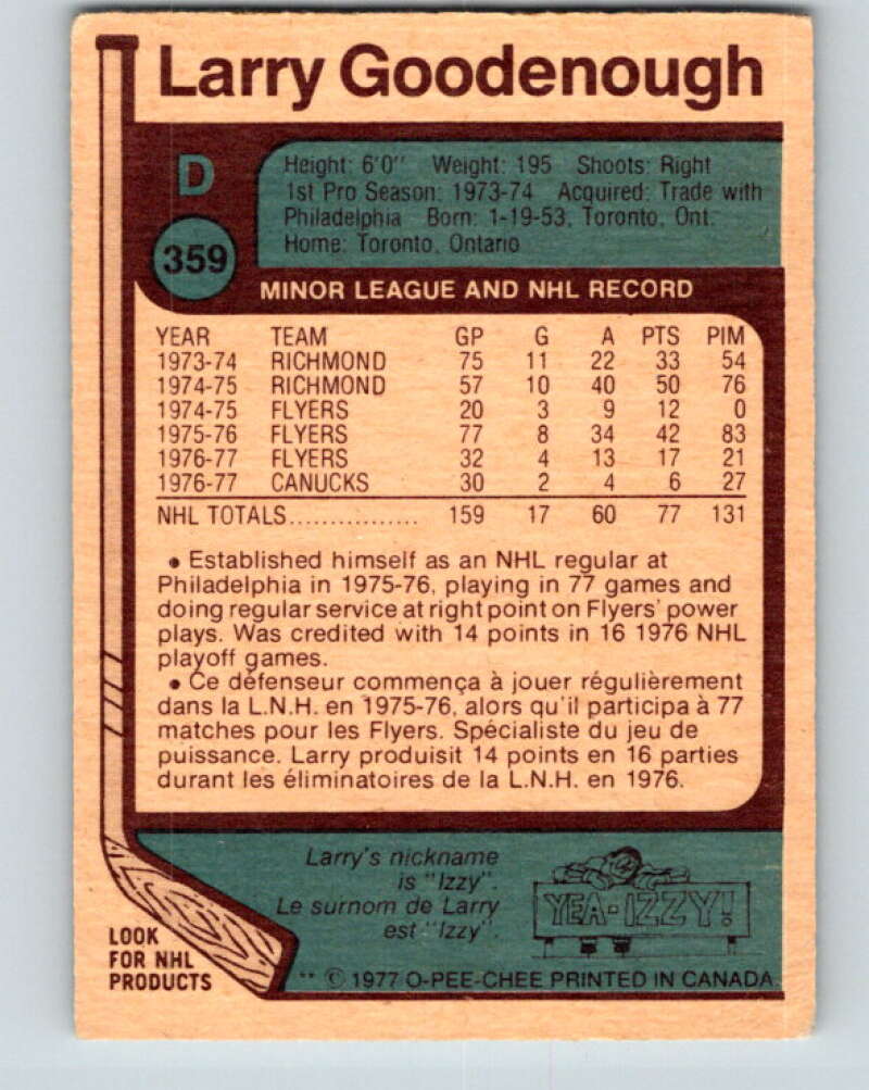 1977-78 O-Pee-Chee #359 Larry Goodenough Vancouver Canucks V15547