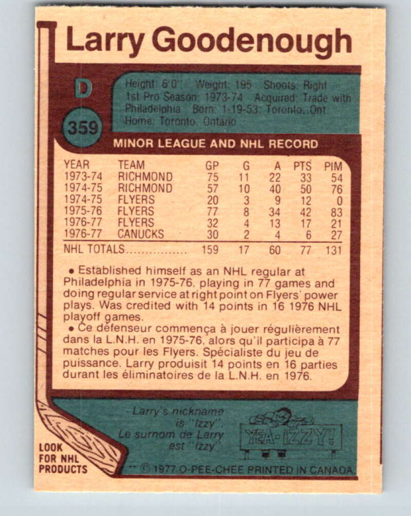 1977-78 O-Pee-Chee #359 Larry Goodenough Vancouver Canucks V15551