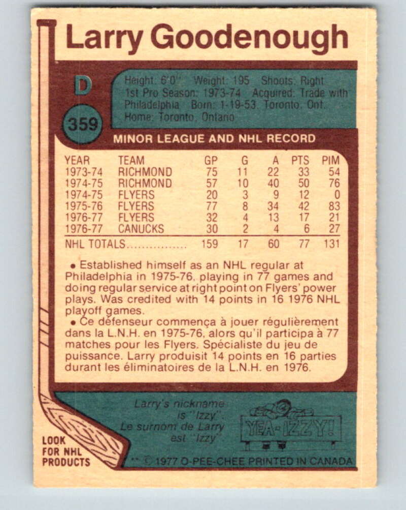1977-78 O-Pee-Chee #359 Larry Goodenough Vancouver Canucks V15556