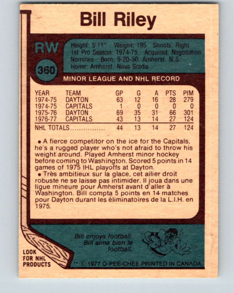 1977-78 O-Pee-Chee #360 Bill Riley RC Rookie Washington Capitals V15558