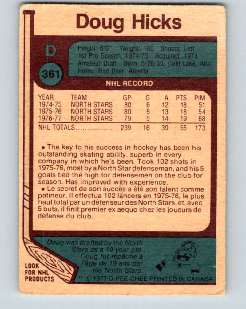1977-78 O-Pee-Chee #361 Doug Hicks RC Rookie Minnesota North Stars V15567
