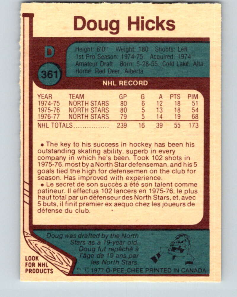 1977-78 O-Pee-Chee #361 Doug Hicks RC Rookie Minnesota North Stars V15569
