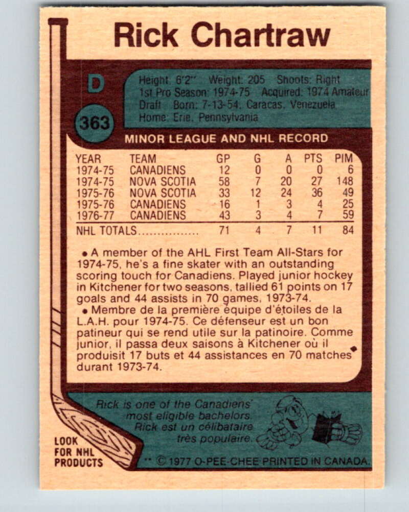1977-78 O-Pee-Chee #363 Rick Chartraw Montreal Canadiens V15577