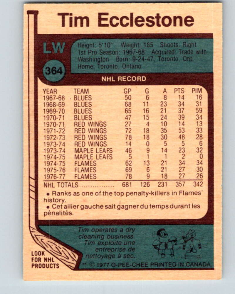 1977-78 O-Pee-Chee #364 Tim Ecclestone Atlanta Flames V15595