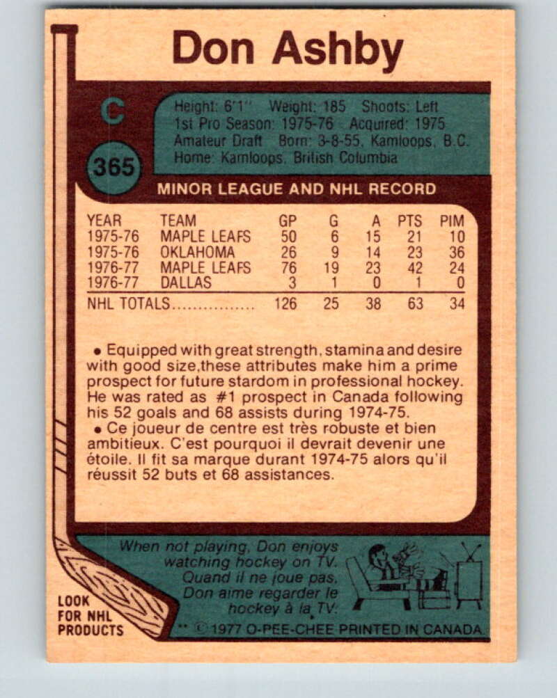 1977-78 O-Pee-Chee #365 Don Ashby RC Rookie Toronto Maple Leafs V15601