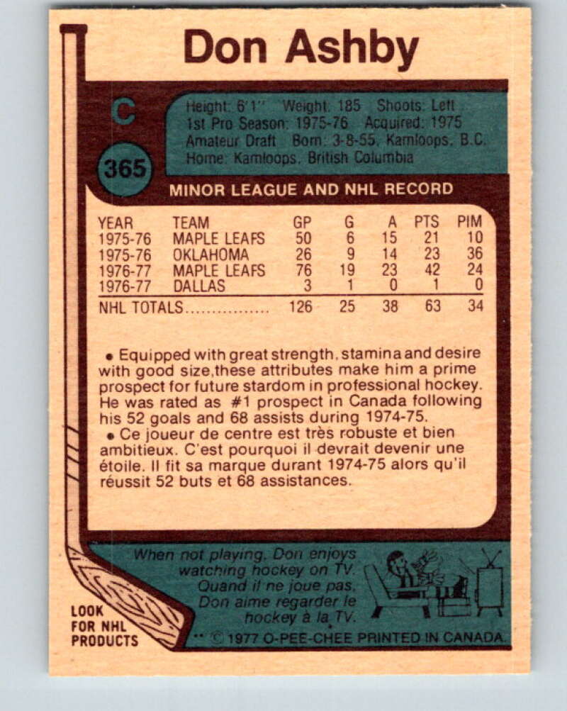 1977-78 O-Pee-Chee #365 Don Ashby RC Rookie Toronto Maple Leafs V15603