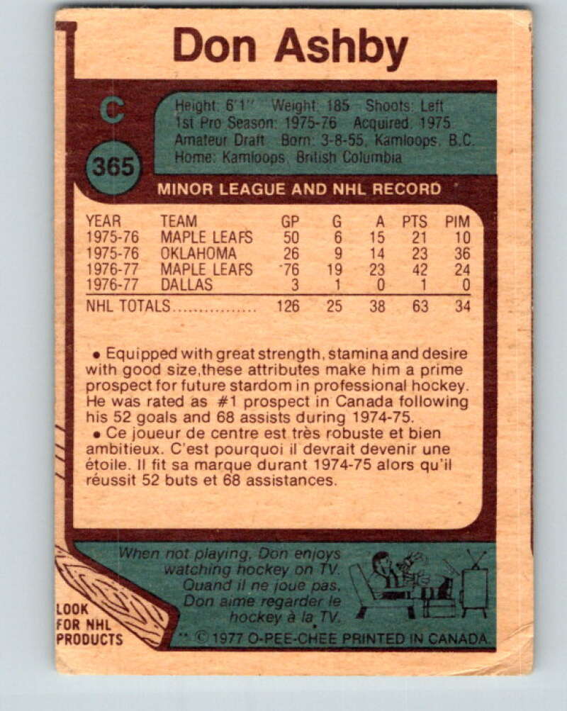 1977-78 O-Pee-Chee #365 Don Ashby RC Rookie Toronto Maple Leafs V15605