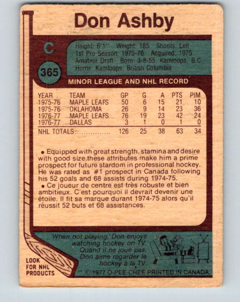 1977-78 O-Pee-Chee #365 Don Ashby RC Rookie Toronto Maple Leafs V15606