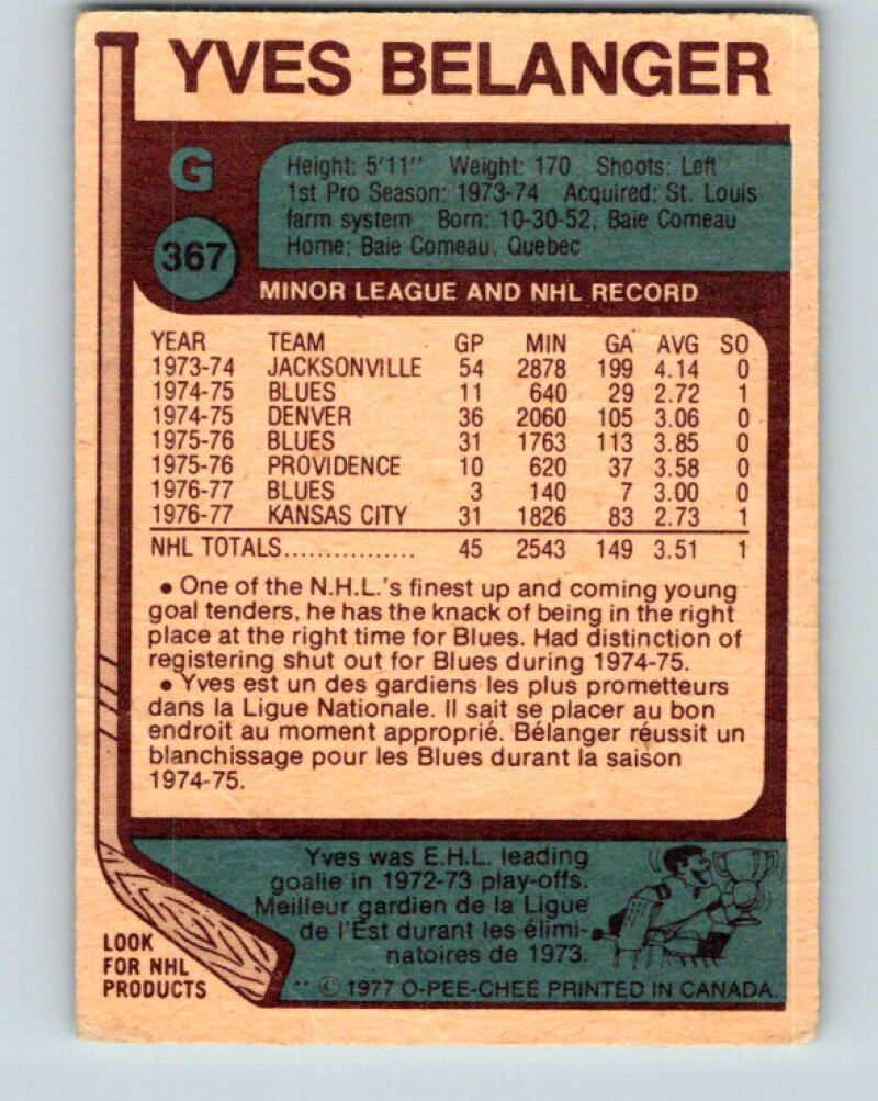 1977-78 O-Pee-Chee #367 Yves Belanger St. Louis Blues V15617