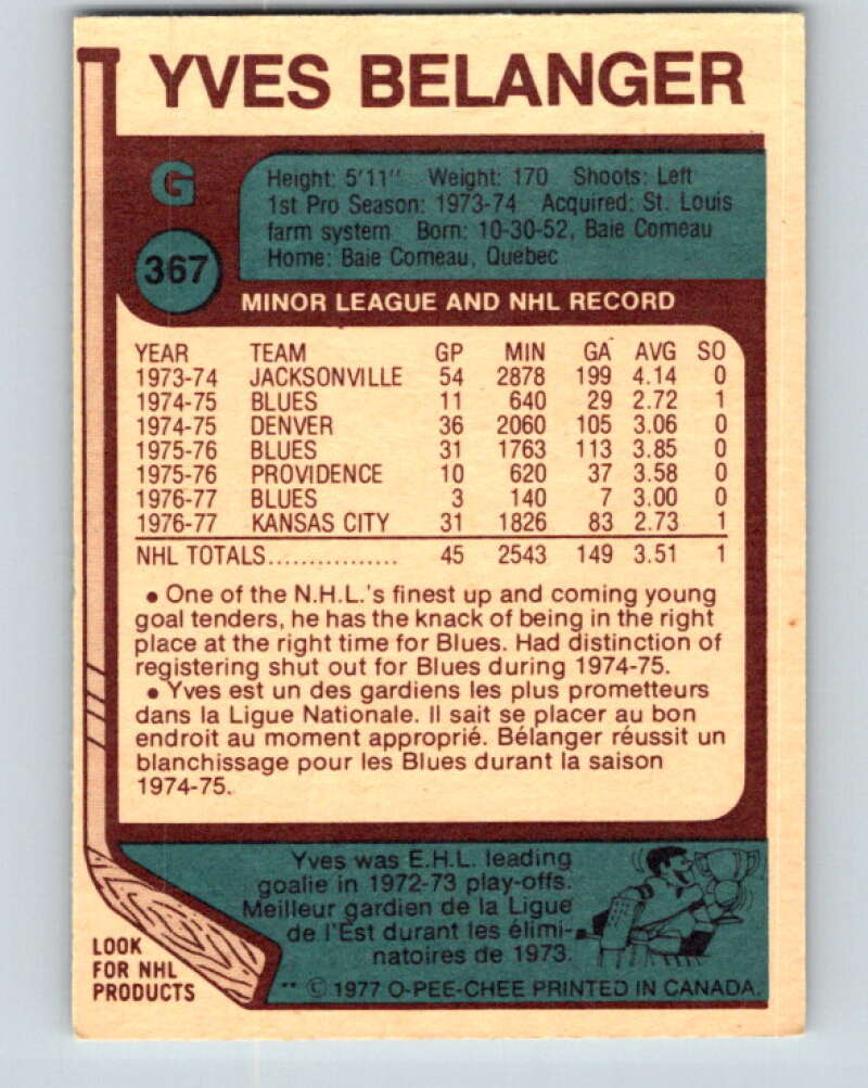 1977-78 O-Pee-Chee #367 Yves Belanger St. Louis Blues V15619