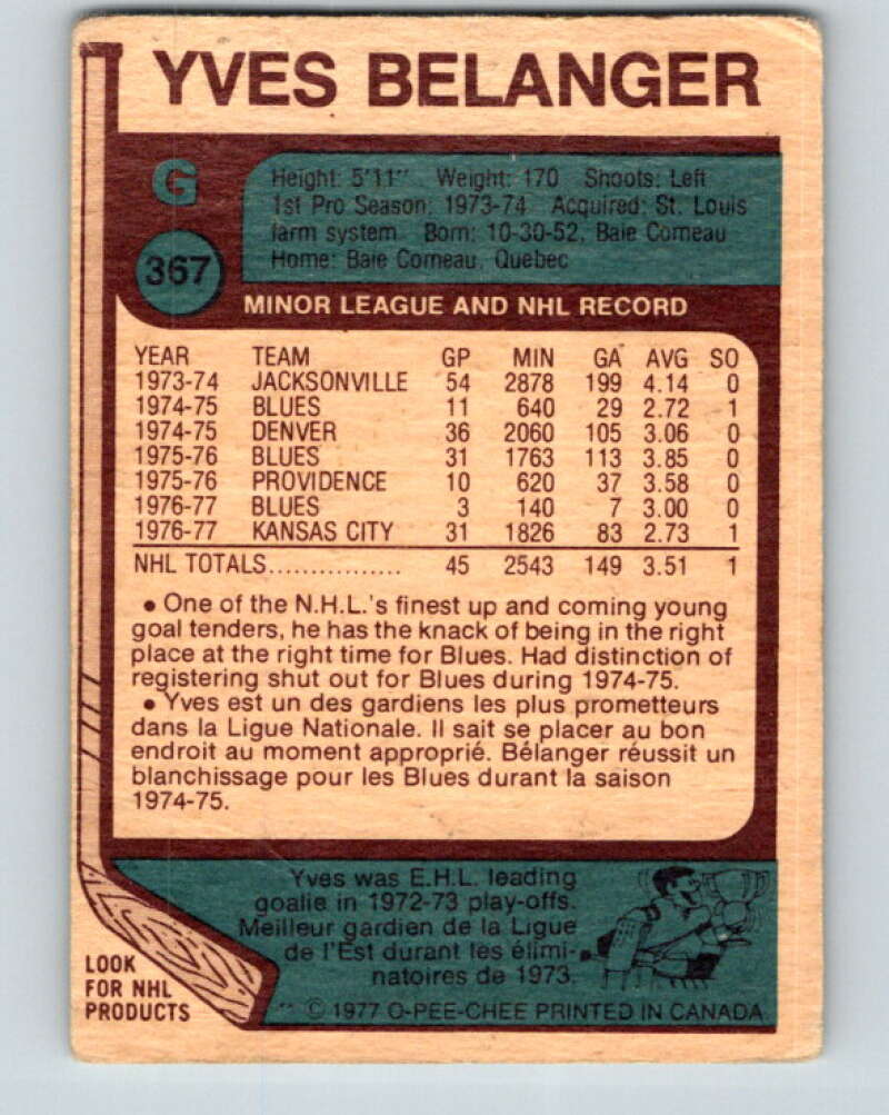1977-78 O-Pee-Chee #367 Yves Belanger St. Louis Blues V15623