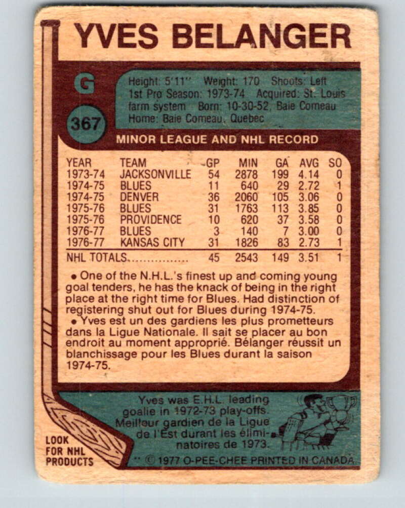 1977-78 O-Pee-Chee #367 Yves Belanger St. Louis Blues V15624