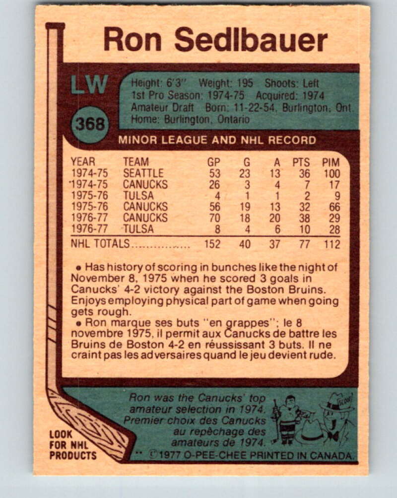 1977-78 O-Pee-Chee #368 Ron Sedlbauer Vancouver Canucks V15625