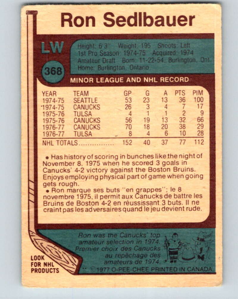 1977-78 O-Pee-Chee #368 Ron Sedlbauer Vancouver Canucks V15627