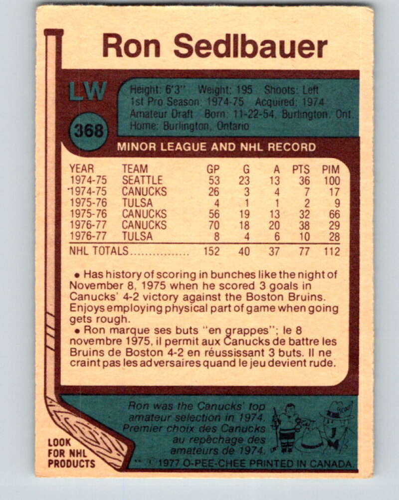 1977-78 O-Pee-Chee #368 Ron Sedlbauer Vancouver Canucks V15629