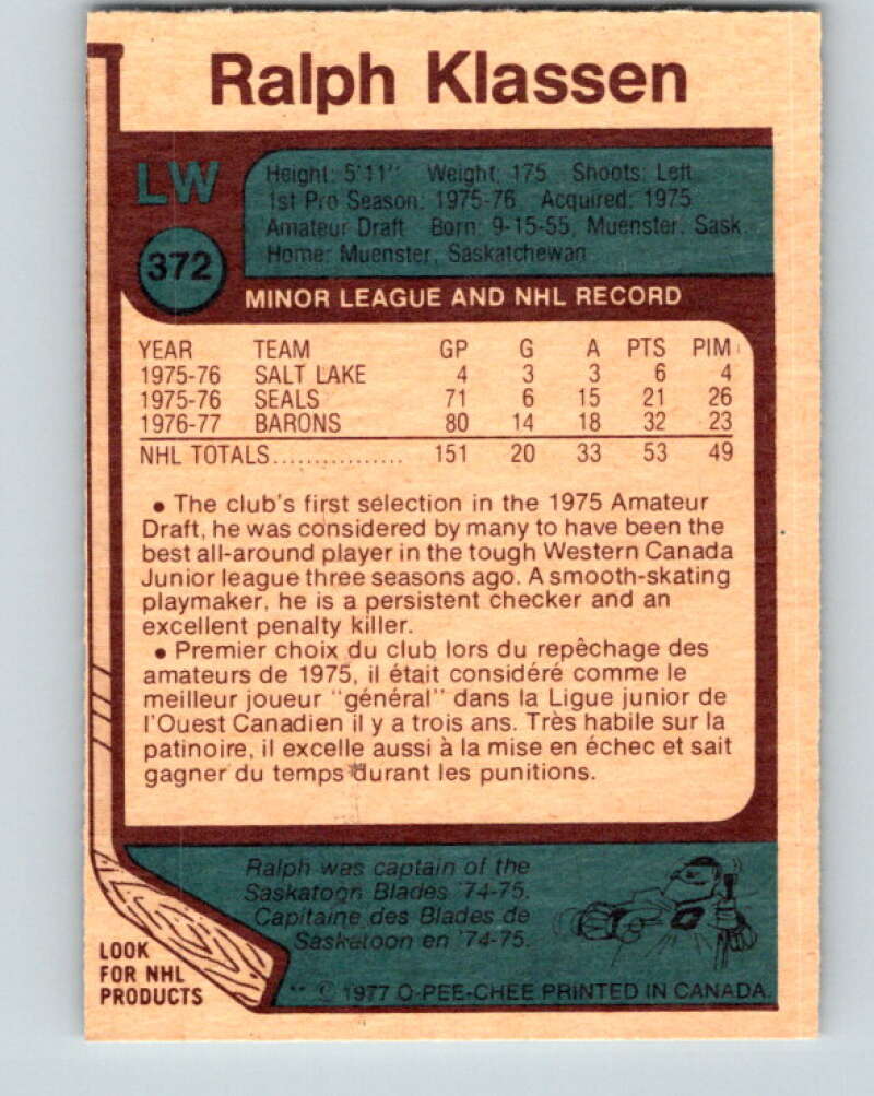 1977-78 O-Pee-Chee #372 Ralph Klassen Cleveland Barons V15653