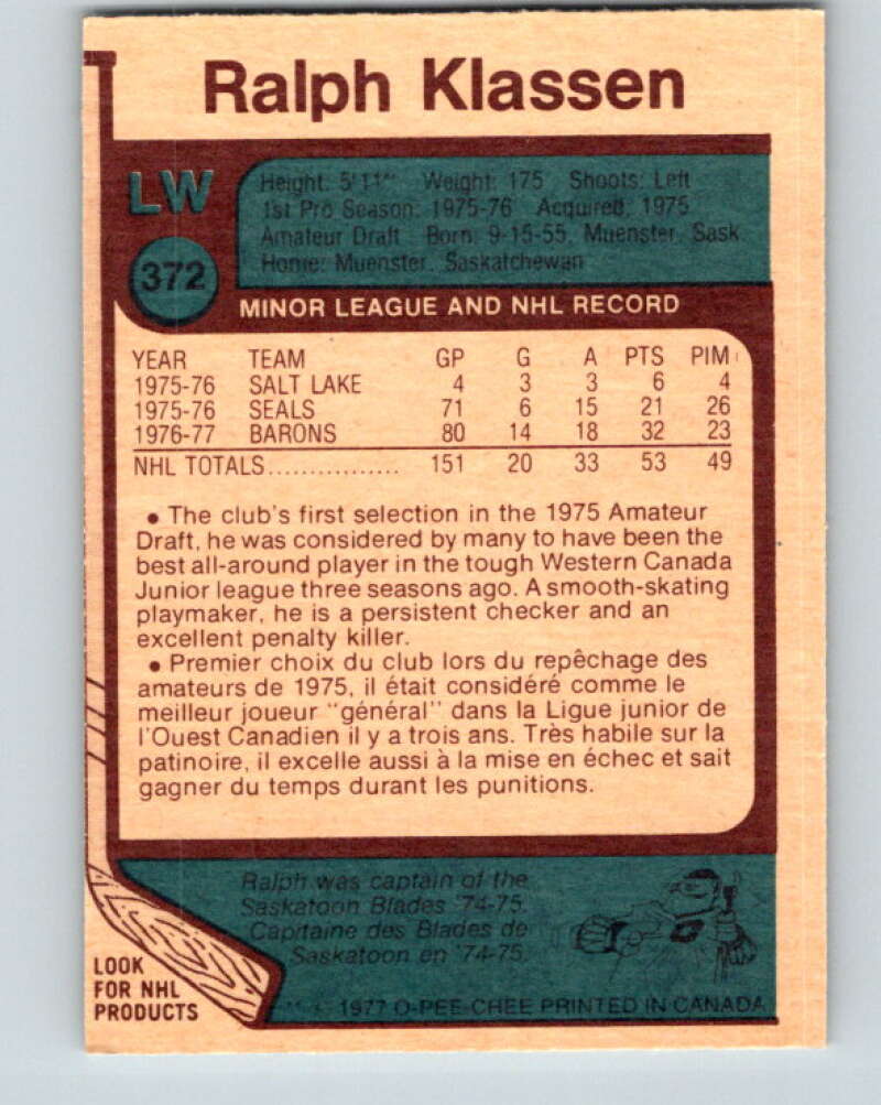 1977-78 O-Pee-Chee #372 Ralph Klassen Cleveland Barons V15654