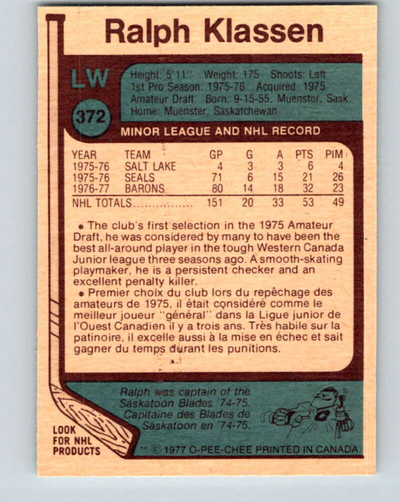 1977-78 O-Pee-Chee #372 Ralph Klassen Cleveland Barons V15655