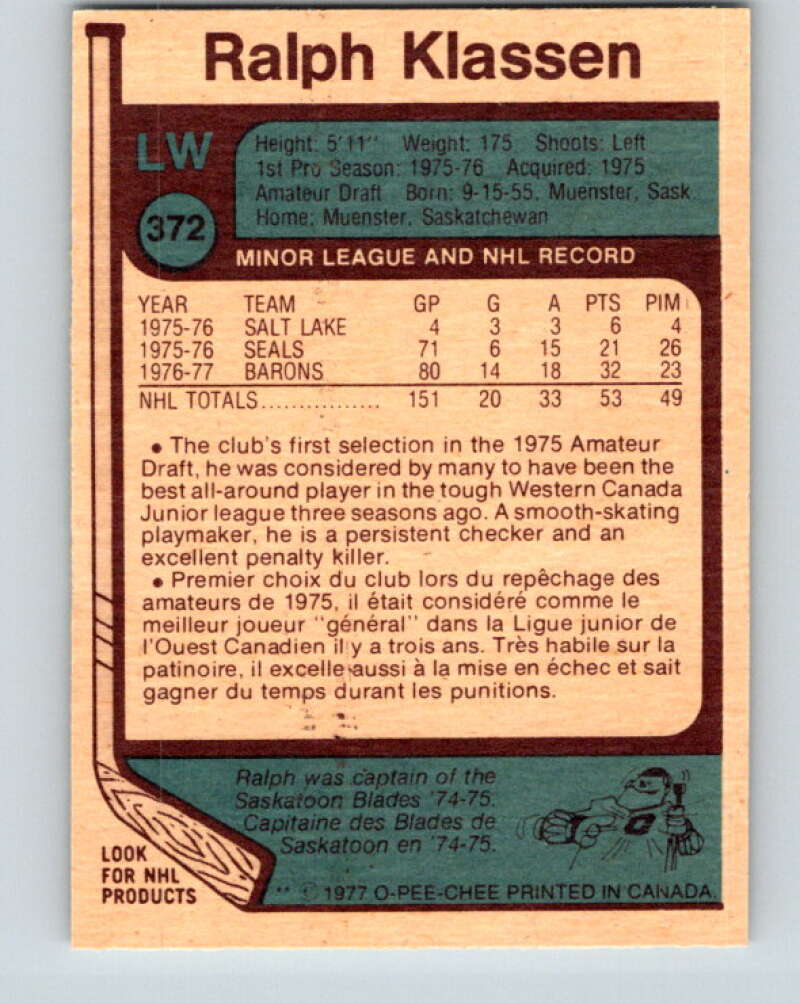 1977-78 O-Pee-Chee #372 Ralph Klassen Cleveland Barons V15656