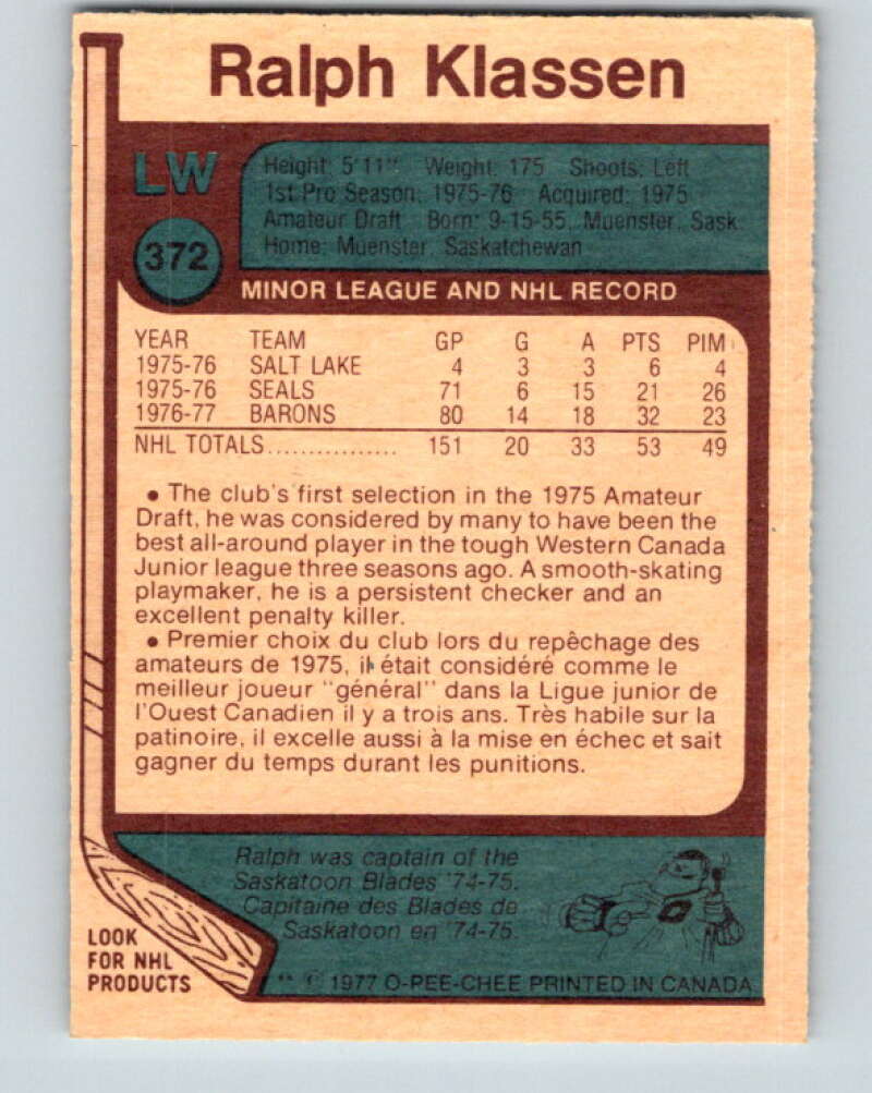 1977-78 O-Pee-Chee #372 Ralph Klassen Cleveland Barons V15659