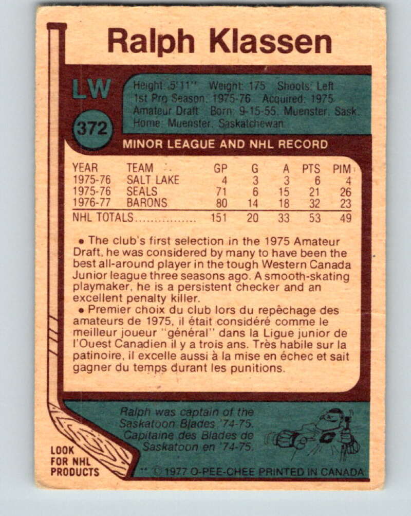 1977-78 O-Pee-Chee #372 Ralph Klassen Cleveland Barons V15660