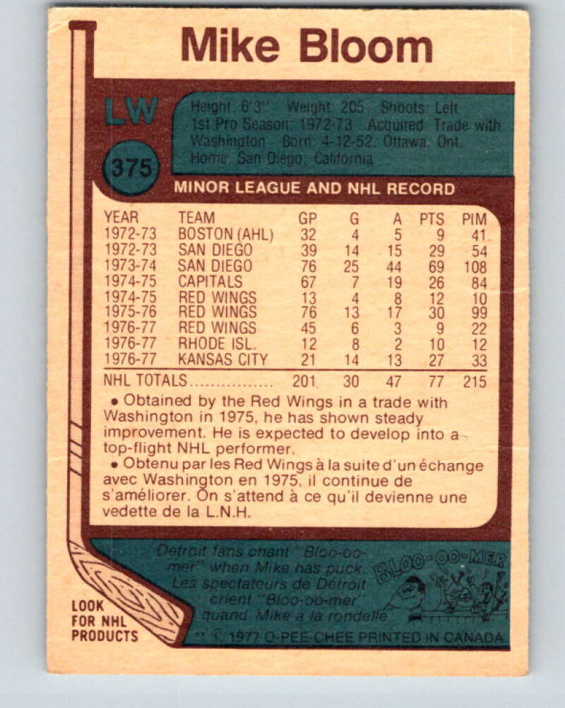 1977-78 O-Pee-Chee #375 Mike Bloom Detroit Red Wings V15676