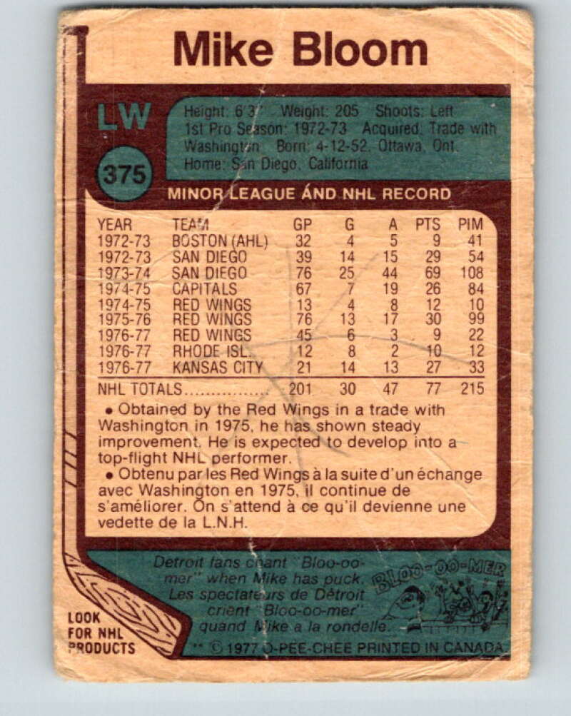 1977-78 O-Pee-Chee #375 Mike Bloom Detroit Red Wings V15678