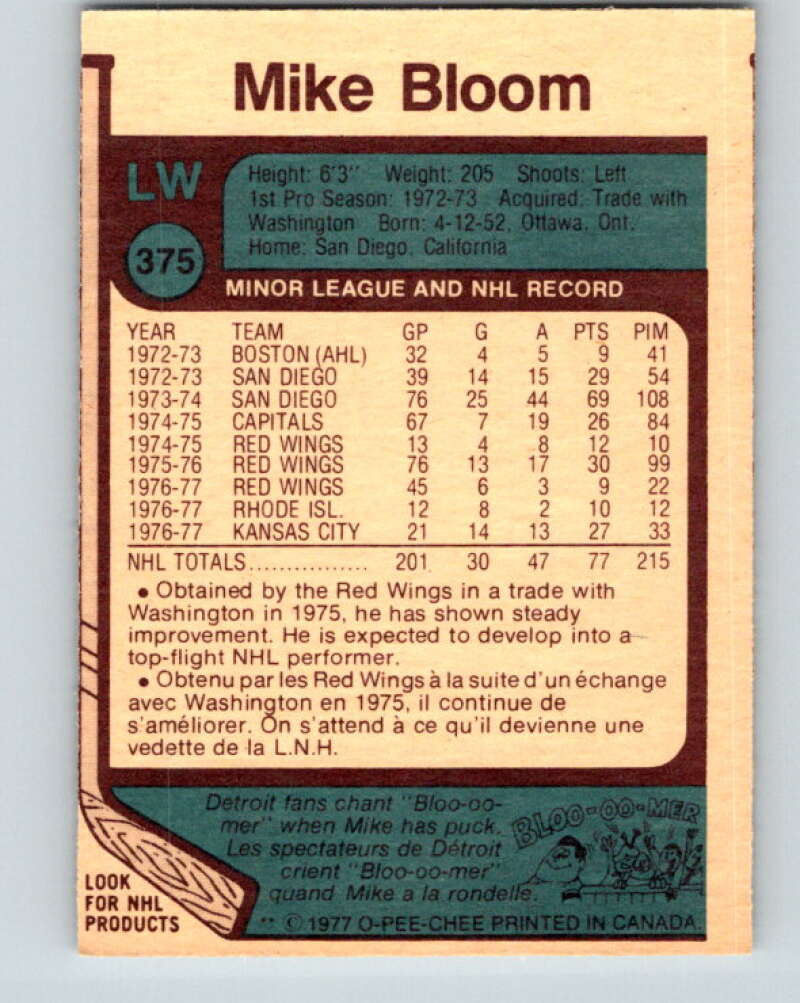1977-78 O-Pee-Chee #375 Mike Bloom Detroit Red Wings V15679